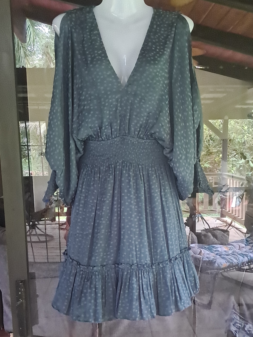 lovestitch Teal Dot Cold-Shoulder Smocked Waist Dress